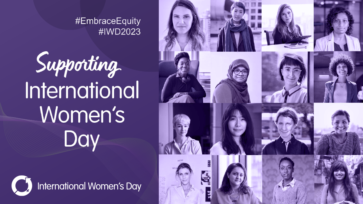 A purple background with text on it which says "Supporting International Women's Day #EmbraceEquality #IWD2023".