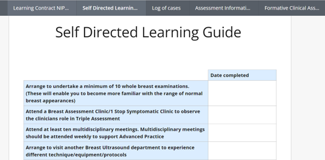 A page within the workbook used for the Mammography module in the School of Medicine. There is a table which users need to add a completion date for a checklist of self-directed learning activities. 