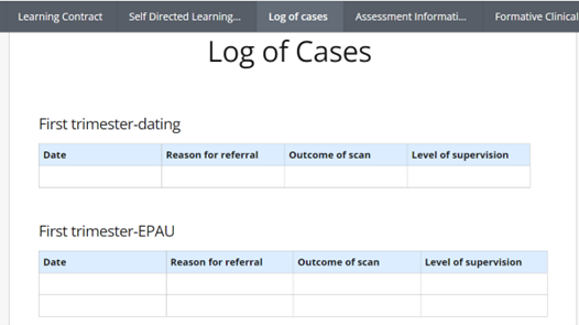 A page within the workbook used for the Mammography module in the School of Medicine. There is a table which users need to add a completion date for a checklist of self-directed learning activities. 